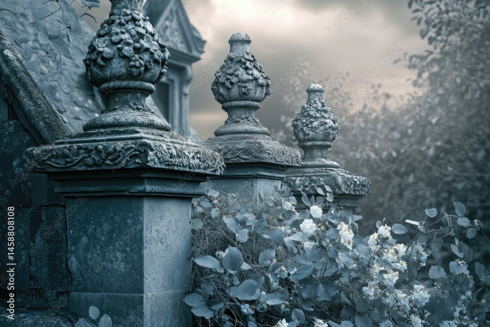 Obraz premium Ornate stone finials adorn a weathered wall, partially obscured by flowering vines in a misty garden.