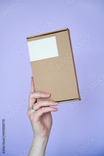 Fototapeta Naklejka Na Ścianę i Meble -  Hand holding cardboard box with blank label.