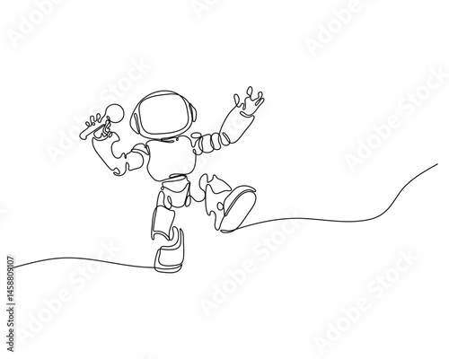 Continuous line art of a robot singing with a microphone, energetically performing. Futuristic technology meets lively entertainment in this minimalistic digital sketch.