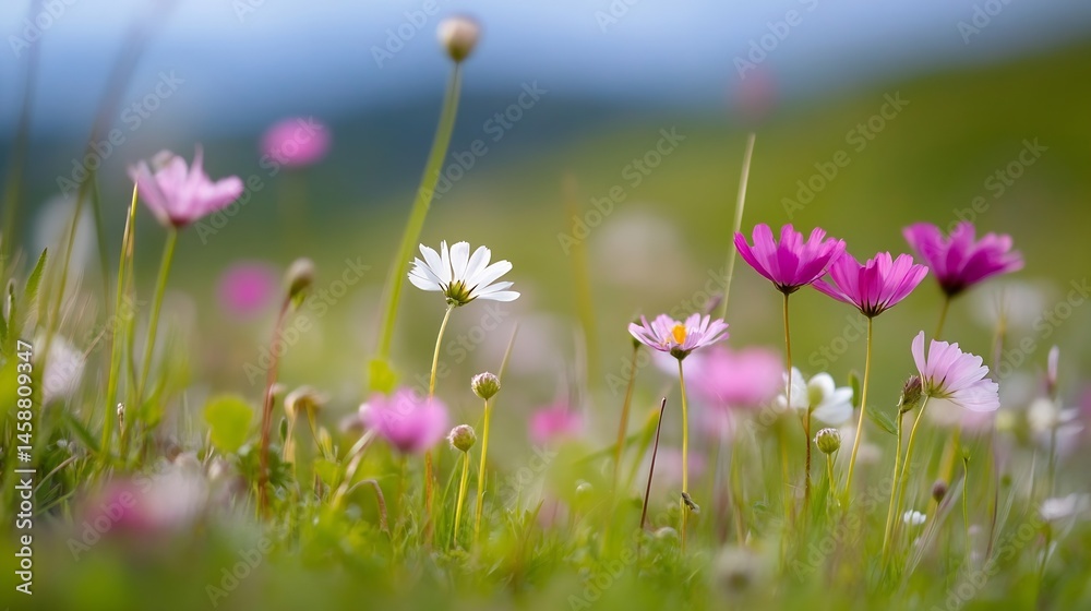 Fototapeta premium Delicate pink and white wildflowers bloom in a vibrant meadow, bathed in soft sunlight, creating a serene and peaceful springtime scene. : Generative AI
