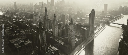 Aerial View of Chicago's Magnificent Mile and River in the 1930s: A Black and White Architectural Masterpiece