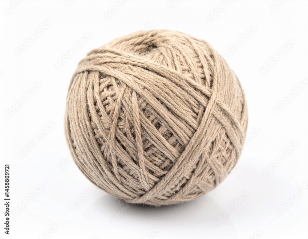 Spherical ball of wound, beige string with interlacing pattern, on a white surface and background Spherical ball of wound, beige string with interlacing pattern, on a white surface and background