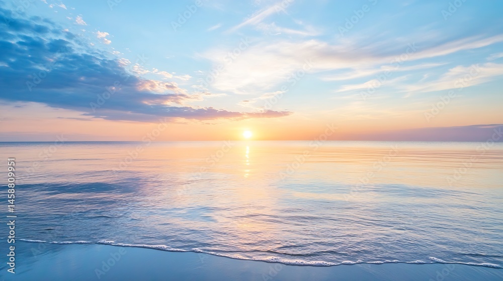 Obraz premium Serene sunset over calm ocean waves gently lapping a sandy shore, pastel colors dominate the sky and water, creating a peaceful and tranquil atmosphere. : Generative AI