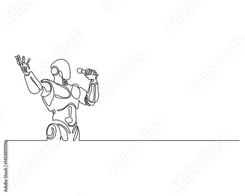 Continuous line art of a robot passionately singing into a microphone, futuristic performer in an expressive concert moment, minimalistic scifi music illustration.