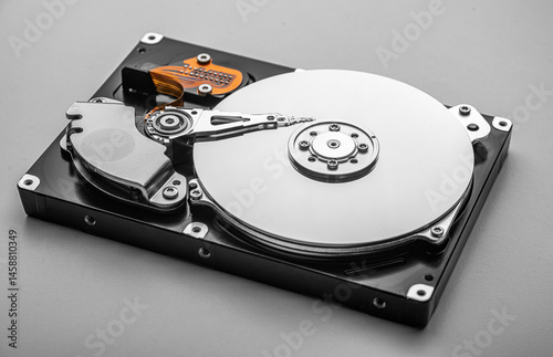 Open hard disk drive reveals its shiny platter, actuator arm, and internal mechanical components in precise detail.