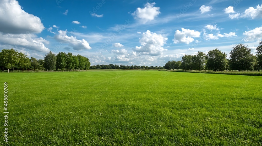 Expansive green field under a vibrant blue sky dotted with fluffy white clouds, bordered by lush green trees on a sunny day. : Generative AI Expansive green field under a vibrant blue sky dotted with fluffy white clouds, bordered by lush green trees on a sunny day. : Generative AI