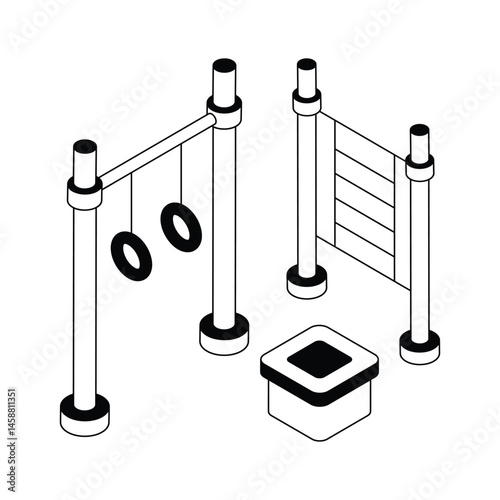 Easy to edit isometric icon showing workout poles with gymnastic rings
