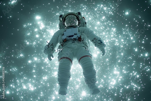 Astronaut floating through a glowing galaxy of stars in deep space surrounded by neon cosmic light photo