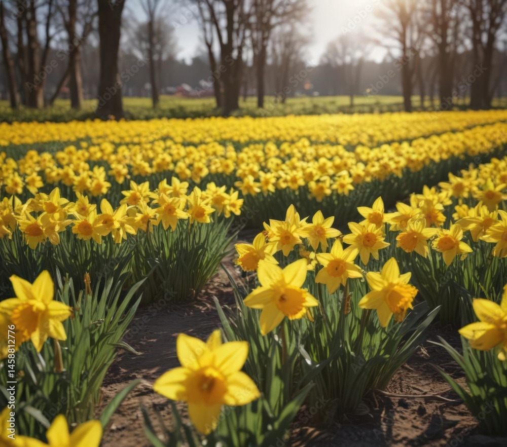 Obraz premium Sunlit field of vibrant yellow daffodils in full bloom , landscape, sunshine