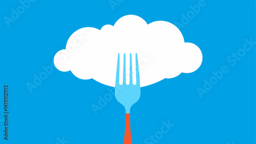 Sky Dining Scene A large shiny fork with a whimsical design is poised in the sky piercing a fluffy white cloud. The forks handle has playful swirls and the cloud appears to have a