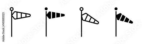 Windsock icon. Striped wind cone on pole vector illustration. Airflow direction and speed indicator symbol. Aviation and meteorology pictogram for airport and weather applications.