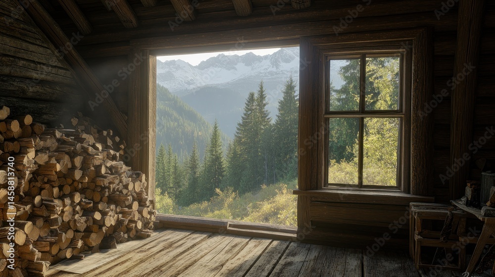 Fototapeta premium Serene Mountain View from Rustic Cabin