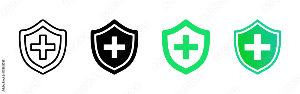 Fototapeta premium Health protection icon. Medical cross on shield vector illustration. Safety and healthcare defense symbol. Secure aid pictogram for hospital apps, antivirus software or emergency service branding.