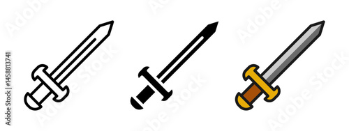 Sword icon. Straight-edged medieval blade with cross-guard vector illustration. Classic steel weapon symbol. Combat and battle pictogram for fantasy games, knight equipment sets or military themes.