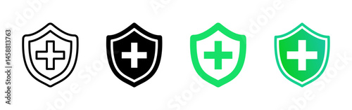 Health protection icon. Medical cross on shield vector illustration. Safety and healthcare defense symbol. Secure aid pictogram for hospital apps, antivirus software or emergency service branding.