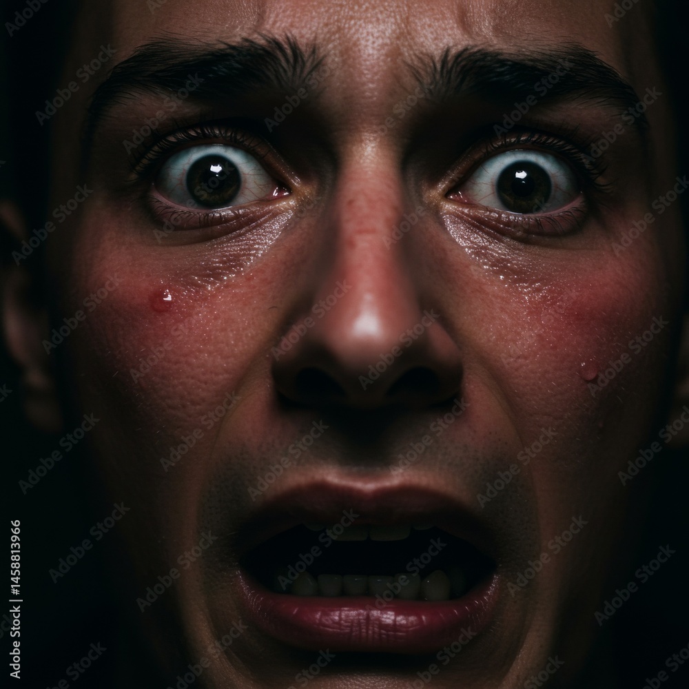 Close Up Terrified Face With Tears Low Light Close Up Terrified Face With Tears Low Light