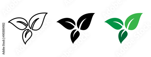 Leaf icon. Three curved leaves vector illustration. Organic plant symbol. Eco-friendly emblem for nature, health, vegan products, environmental protection and agricultural branding.