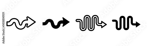 Curved arrow icon. Wavy directional vector illustration. Flexible path and nonlinear movement symbol. Route deviation and dynamic flow design concept. Navigation, transition and process pictogram.