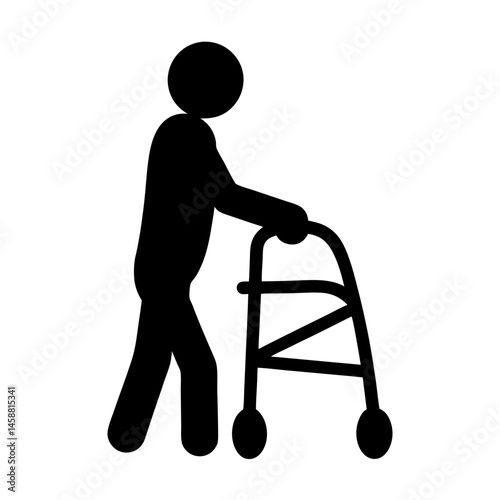 Silhouette depicting an elderly person using a walker for support and mobility