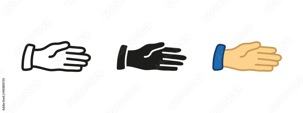 Obraz premium Hand icon. Open palm gesture vector illustration. Symbol of greeting, communication or stop signal. Human body part pictogram for interaction and direction concepts.