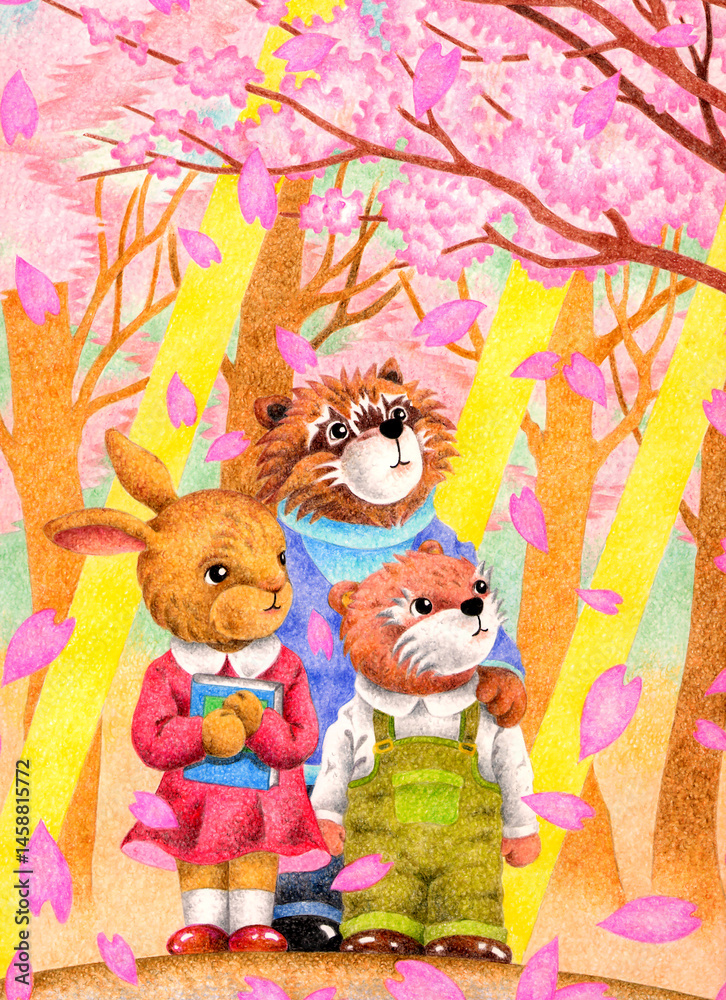 Naklejka premium 手描き・動物イラスト - 兔・アライグマ・カワウソ・花見・桜