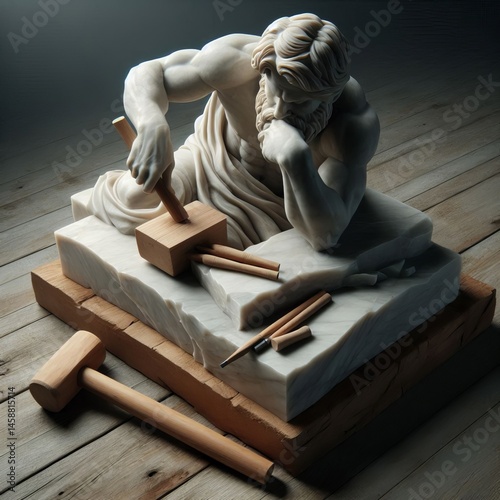 Sculpture A chisel and mallet resting on an unformed block of ma