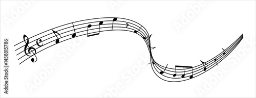 Musical notes in decorative wavy pattern isolated on white background	
