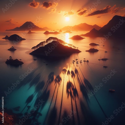 Shadows of island archipelagos on calm seas at sunset