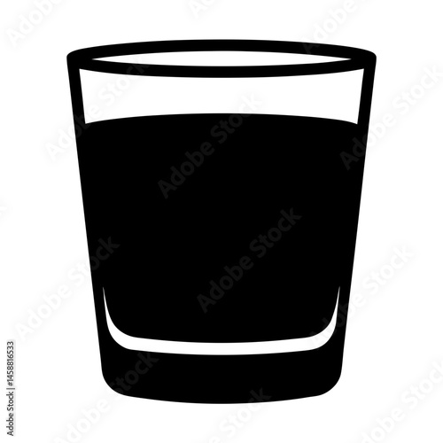 A classic black silhouette of a rocks glass filled with dark liquid
