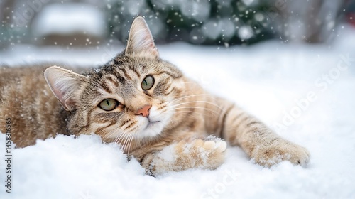 Adorable tabby cat relaxing in the snow, enjoying a winter day outdoors.  Soft fur, green eyes, and playful paws are visible. : Generative AI