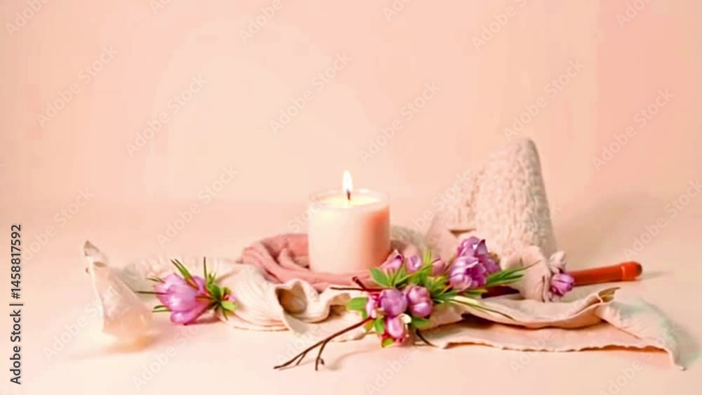 Serene candle arrangement with delicate flowers and soft fabric, creating calming atmosphere of light and tranquility for ultimate relaxation and decor. Serene candle arrangement with delicate flowers and soft fabric, creating calming atmosphere of light and tranquility for ultimate relaxation and decor.