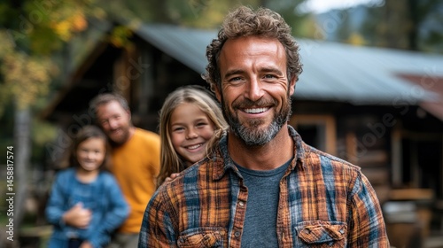Adults and children smile while spending quality time outdoors in a forested area, surrounded by nature and a cozy cabin backdrop