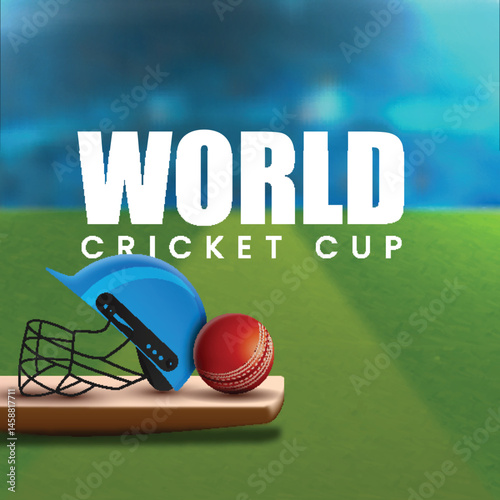 Night view of Cricket bat, helmet and ball on ground and stadium in background