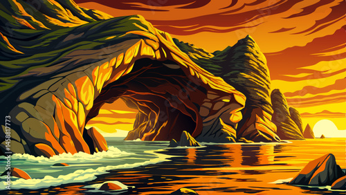 panoramic view of sea cave and coastal rock formations at El Matador Beach in Malibu, California, illuminated by golden sunset light. Perfect for travel, coastal landscapes, nature, and scenic beauty