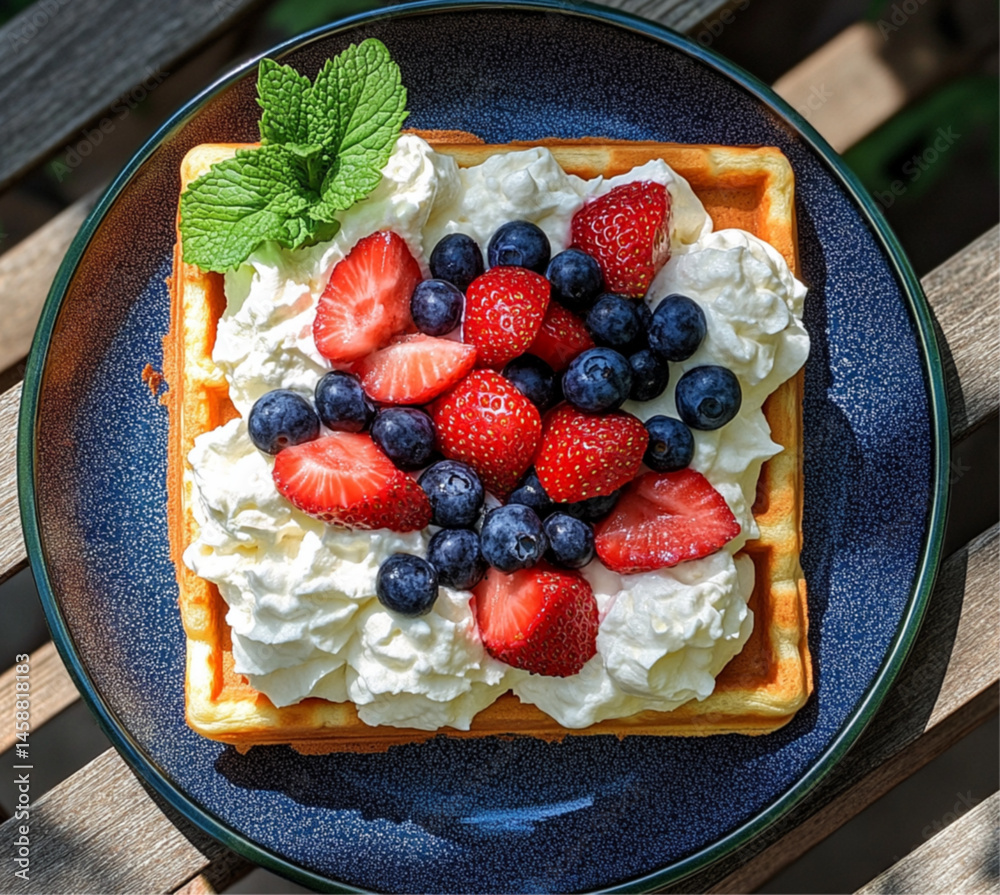 rectangular waffle with white cream and various fruits on top, placed on an outdoor table in the sun. The photo was taken from above, at close range