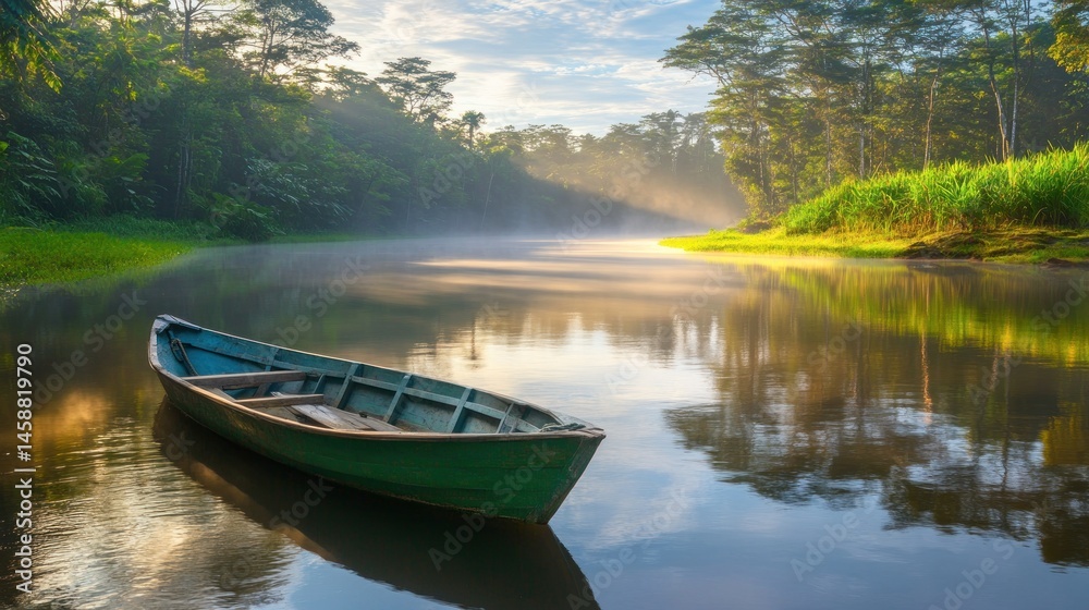 Naklejka premium Serene Sunrise on Tropical River with Rowboat