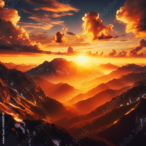 Sunset over a mountain range Golden light paints the peaks cloud