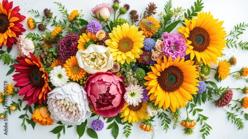 Summer Floral Arrangement: Sunflowers, Peonies, and Greenery on White