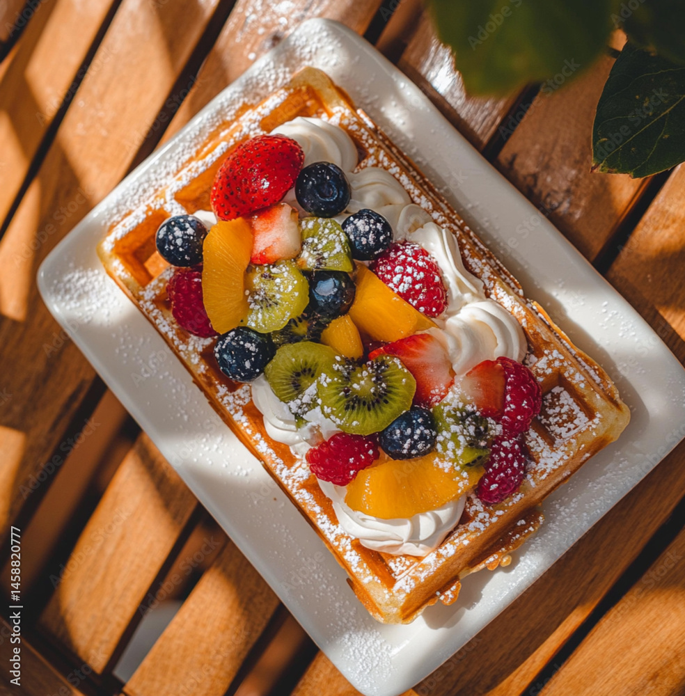 rectangular waffle with white cream and various fruits on top, placed on an outdoor table in the sun. The photo was taken from above, at close range