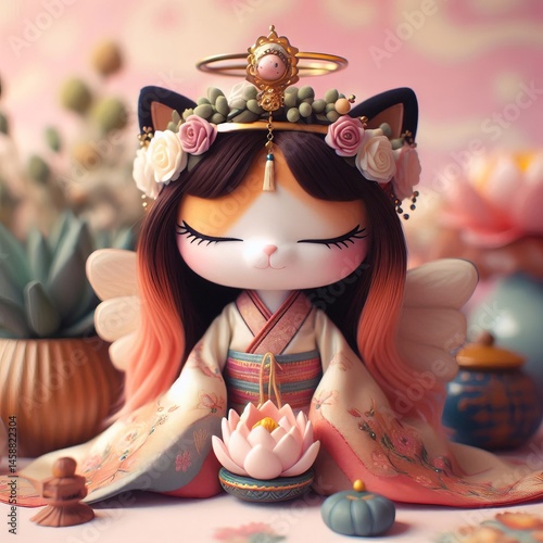 Zuzu Zen Kitty A serene calico haired doll with a halo lotus flo