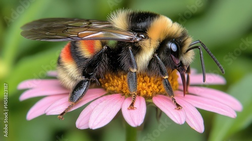 Bumble Bee Feeding on Pink Flower in Garden