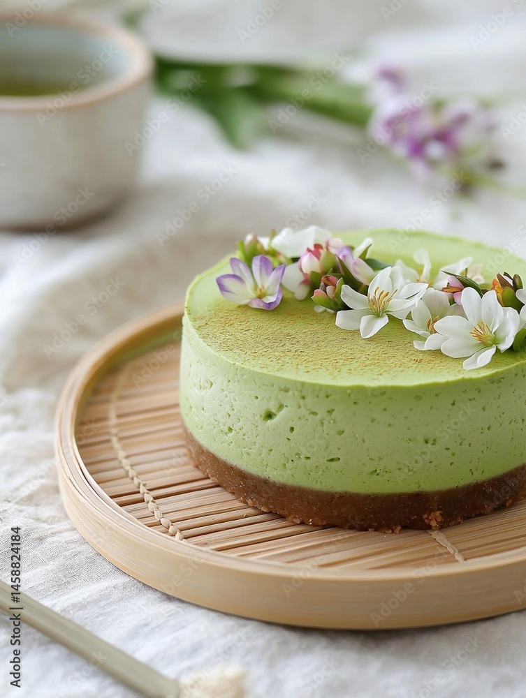Round cake on a bamboo plate. the cake is a light green color and has a smooth texture. on top of the cake, there are small white and pink flowers arranged in a circular pattern. Round cake on a bamboo plate. the cake is a light green color and has a smooth texture. on top of the cake, there are small white and pink flowers arranged in a circular pattern.