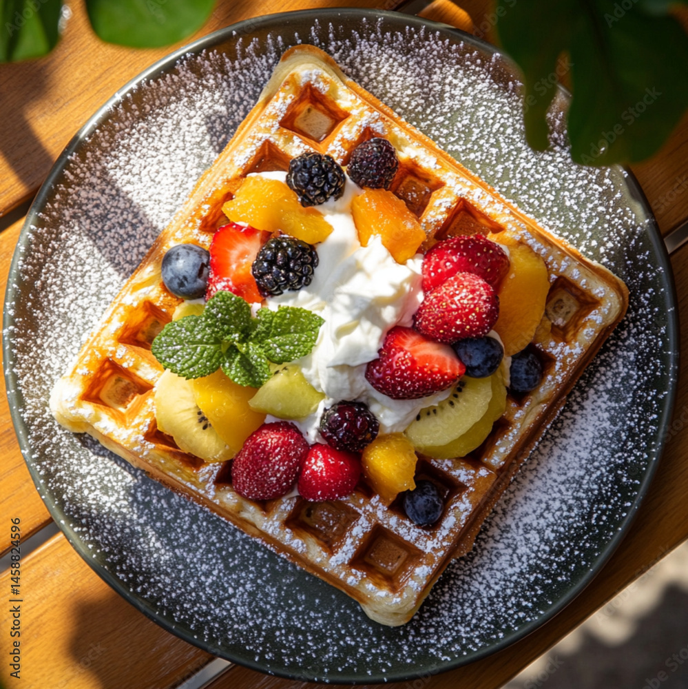 rectangular waffle with white cream and various fruits on top, placed on an outdoor table in the sun. The photo was taken from above, at close range