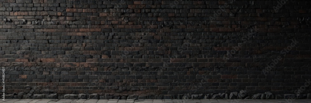 Fototapeta premium Deep shadows accentuate a crumbling black brick wall, showing heavy mortar wear, photography, stock