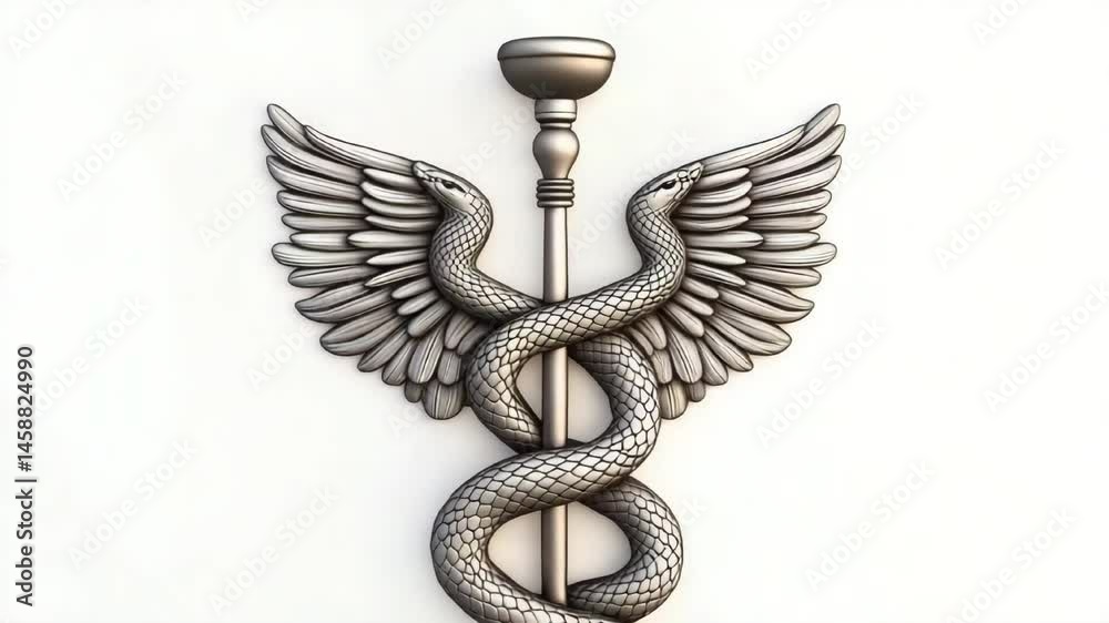 Silver caduceus medical symbol animation video. Two serpents entwined around staff with wings and chalice animated footage clip seamless HD motion graphics. Pharmaceutical concept