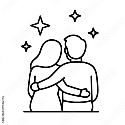 Romantic couple hugging under stars outline icon