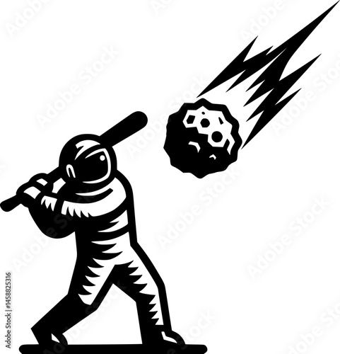 Sketchy cosmic emblem of astronaut in suit and spacesuit hits meteorite flying at him with baseball bat in monochrome. Engraving minimalistic vector in black ink drawing on transparent background