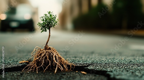 Fototapeta Naklejka Na Ścianę i Meble -  A small tree sprouts from a crack in the pavement.