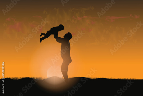 Father And Son enjoy sunset together, enjoying summer vacation on Father's Day, vector illustration design background
