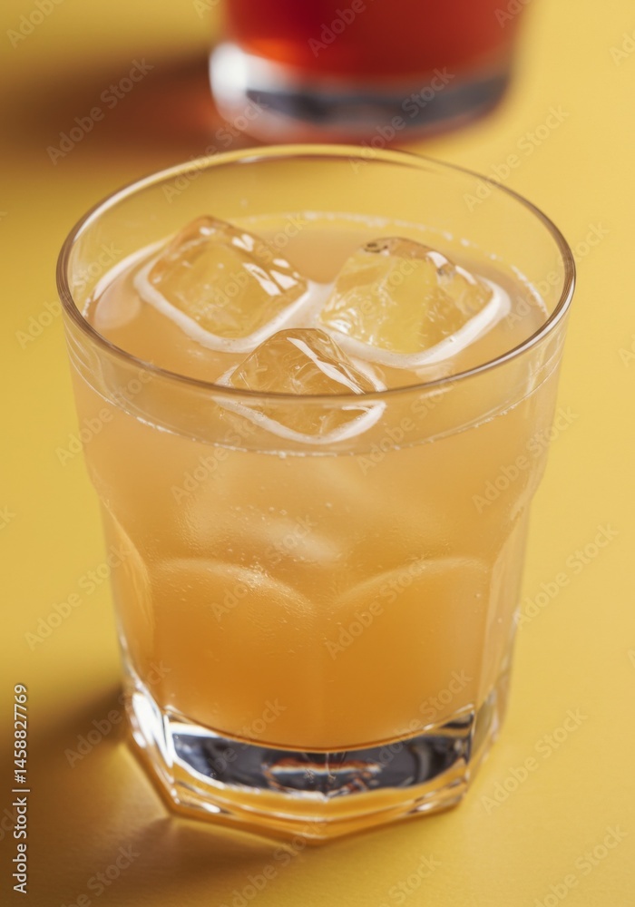 Light Orange Cocktail with Ice in a Glass on Yellow Background Light Orange Cocktail with Ice in a Glass on Yellow Background